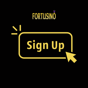 A sign up button with a cursor under the Fortusino logo